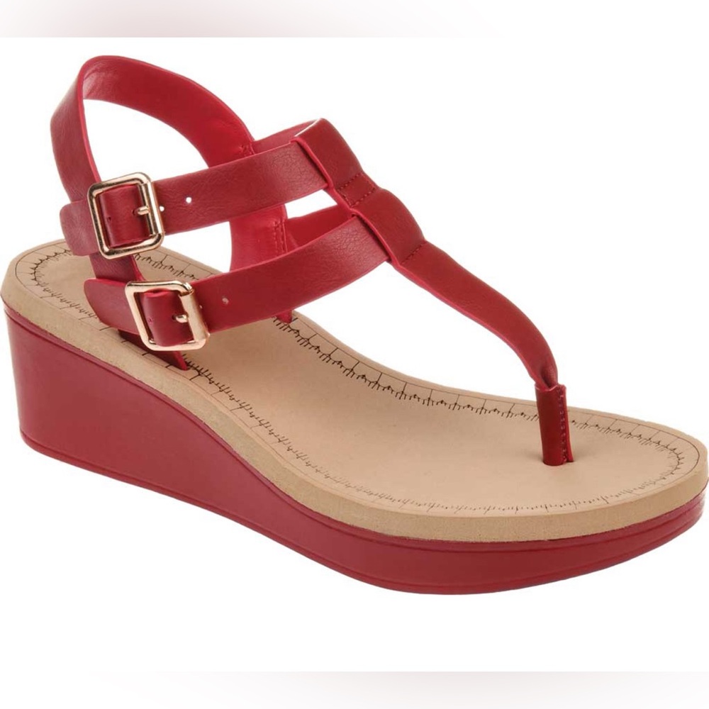 Journee Collection Red Wedge Thong Sandals with Double Buckle Detail